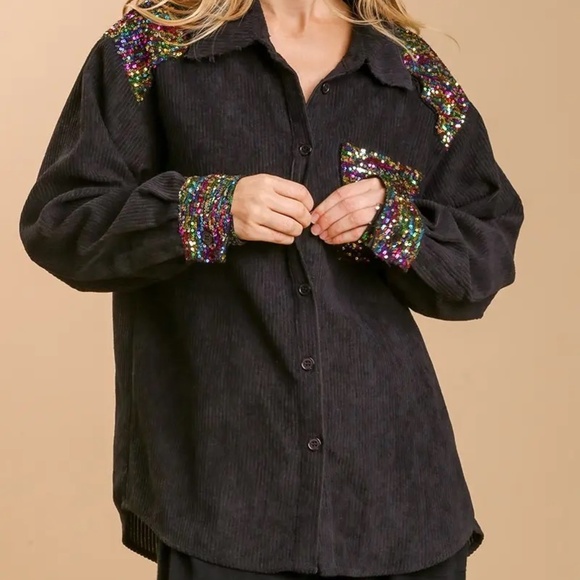 New Umgee Sequin Button Down Front Jacket Collar Flannel Top Shacket Bling Black - Picture 1 of 8